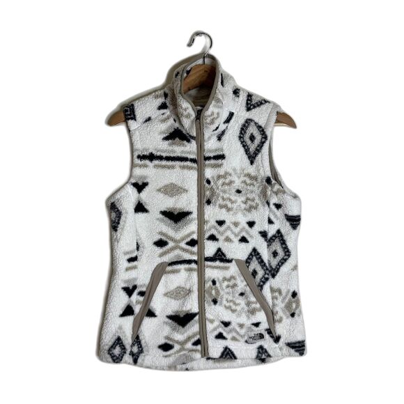 North Face Fleece Vest Womens Small White Black Tan Aztec Geometric Sherpa Warm - Picture 1 of 9